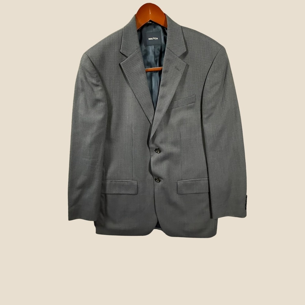 Nautica Mens Grey Blue Micro Check Two Button Blazer Sport Coat Jacket